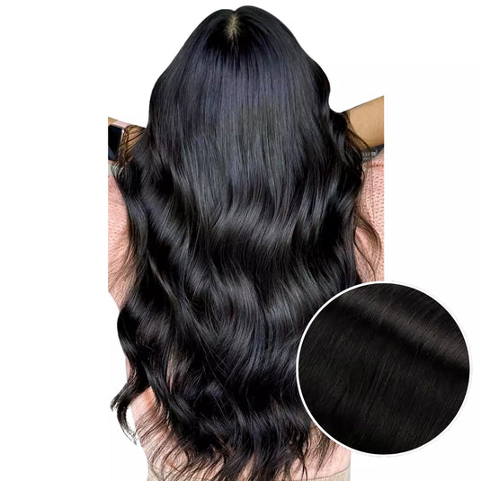 Model with long, dark brown keratin hair extensions on a white background