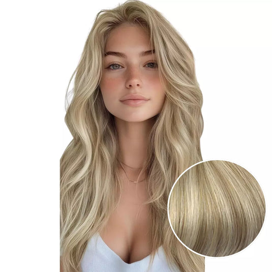 Model with long, blonde keratin hair extensions on a white background