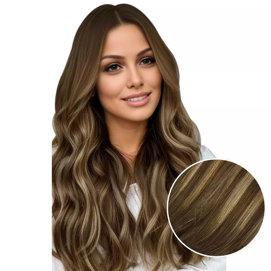 Model with long, dark brown tape hair extensions on a white background