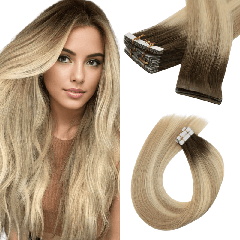 Load image into Gallery viewer, Moresoo brown to blonde ombre hair extensions, seamless deep brown blonde ombre tape ins, 18-inch ombre tape in extensions, luxurious brown to blonde ombre hair, high-quality ombre balayage, invisible ombre extensions, natural deep brown to blonde ombre hair, premium ombre hair extensions, salon-quality ombre tape ins, smooth brown blonde ombre extensions
