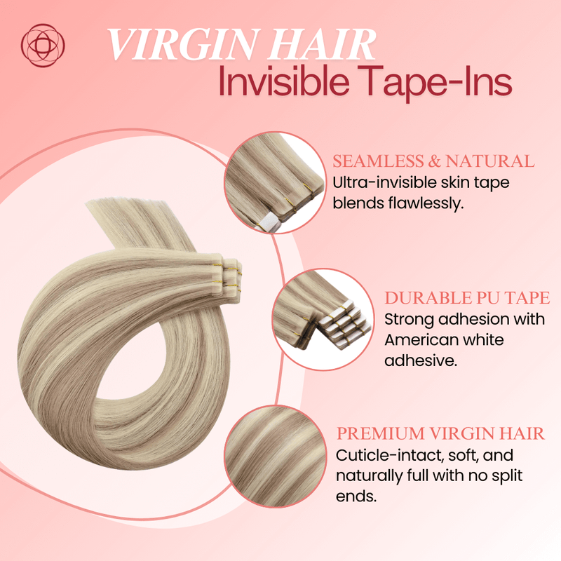 Load image into Gallery viewer, blonde highlights tape in hair, 18-inch blonde highlights extensions, invisible tape in blonde highlights hair, high-quality blonde highlights extensions, 20-inch blonde highlights tape in, seamless blonde highlights tape in extensions, soft pink blonde highlights tape in, 22-inch blonde highlights hair extensions
