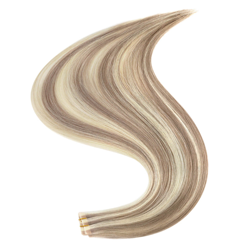 Load image into Gallery viewer, Close-up of ash blonde highlights invisible tape in hair extensions
