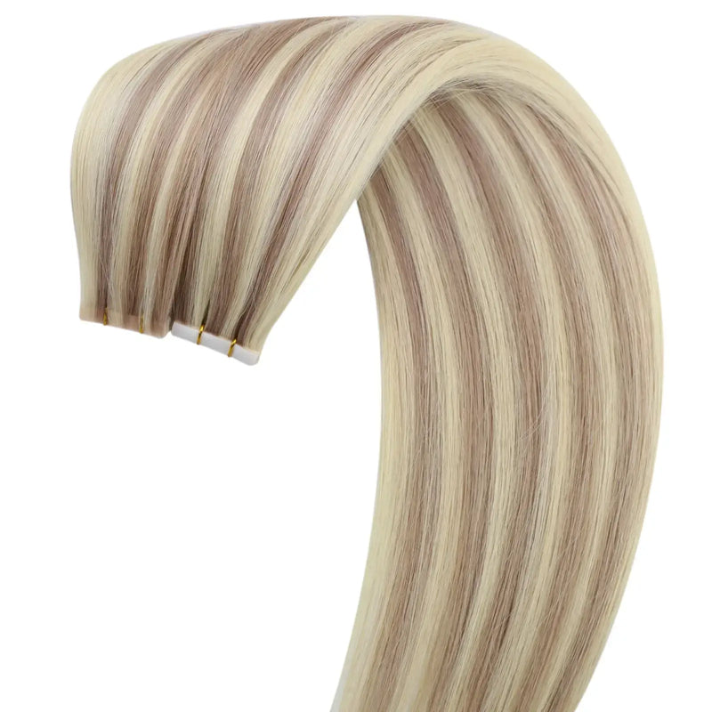 Load image into Gallery viewer, seamless tape in extensions for blonde highlights, 16-inch blonde highlights tape in, high-quality blonde hair with pink highlights, 18-inch blonde highlights hair extensions, blonde highlights tape in extensions for all hair types, 20-inch blonde highlights tape in, smooth blonde highlights extensions
