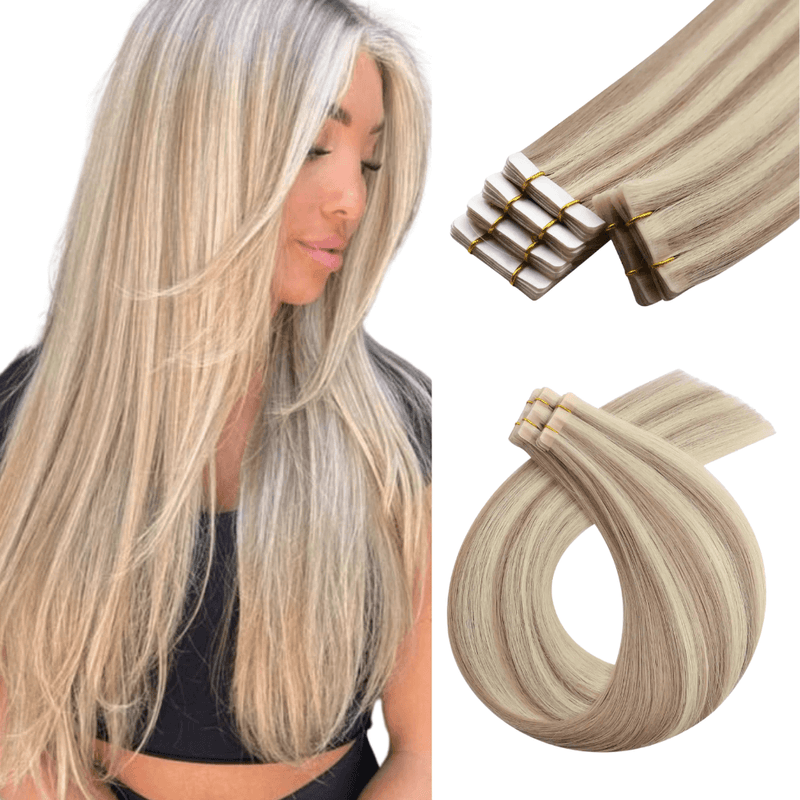 Load image into Gallery viewer, blonde highlights tape in extensions, 14-inch blonde highlights tape in extensions, seamless blonde highlights hair extensions, high-quality blonde highlights tape in, pink tone blonde highlights extensions, 16-inch blonde highlights tape in extensions, natural blonde highlights tape in, smooth blonde highlights tape in
