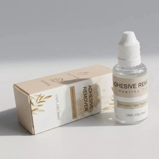 Adhesive remover bottle and box on a gray background