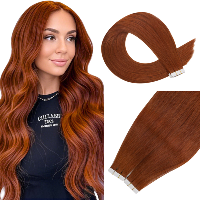 Load image into Gallery viewer, real human hair tape hair extensions hair tape remy hair virgin hair extensions for thin hair copper red tape hair extensions
