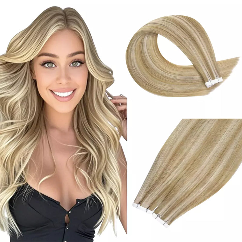 Load image into Gallery viewer, Woman with long wavy hair next to a hair extension on a white background
