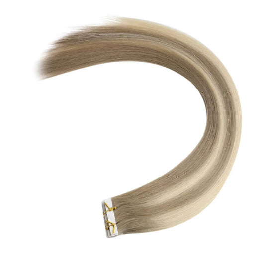 Moresoo blonde balayage with light brown highlights, 16-inch balayage hair extensions, high-quality light brown balayage, seamless balayage tape ins, invisible blonde balayage highlights, premium balayage extensions, luxurious light brown blonde balayage, natural balayage hair, smooth balayage highlights, salon-quality balayage