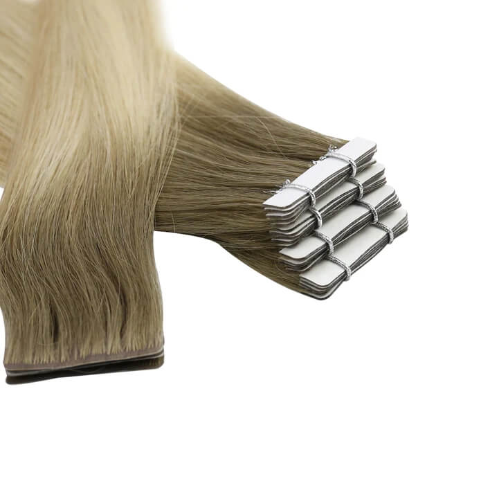 Load image into Gallery viewer, Moresoo light brown to blonde ombre extensions, 18-inch tape ins, easy to install and secure, high-quality adhesive ombre hair, premium ombre highlights, seamless balayage extensions, natural ombre hair, long-lasting light brown blonde ombre, smooth ombre hair, salon-quality extensions

