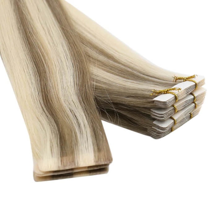 Load image into Gallery viewer, Moresoo light brown and golden blonde balayage, 16-inch tape-ins, high-quality brown blonde extensions, seamless balayage hair, premium golden blonde highlights, natural brown blonde mix, invisible extensions, smooth balayage hair, luxurious ombre highlights, salon-quality balayage tape ins
