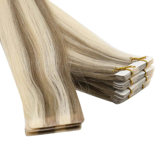 Moresoo light brown and golden blonde balayage, 16-inch tape-ins, high-quality brown blonde extensions, seamless balayage hair, premium golden blonde highlights, natural brown blonde mix, invisible extensions, smooth balayage hair, luxurious ombre highlights, salon-quality balayage tape ins