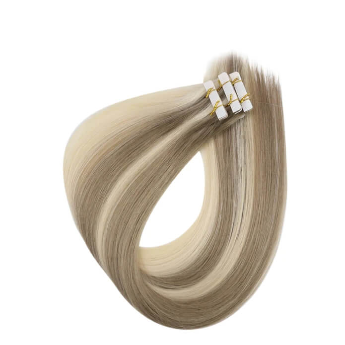 Load image into Gallery viewer, Moresoo light brown blonde highlights hair extensions, 14-inch balayage tape ins, smooth golden brown ombre, high-quality light brown blonde, premium balayage tape-in hair, seamless golden highlights, natural brown blonde balayage, salon-quality extensions, invisible brown blonde mix, luxurious balayage highlights

