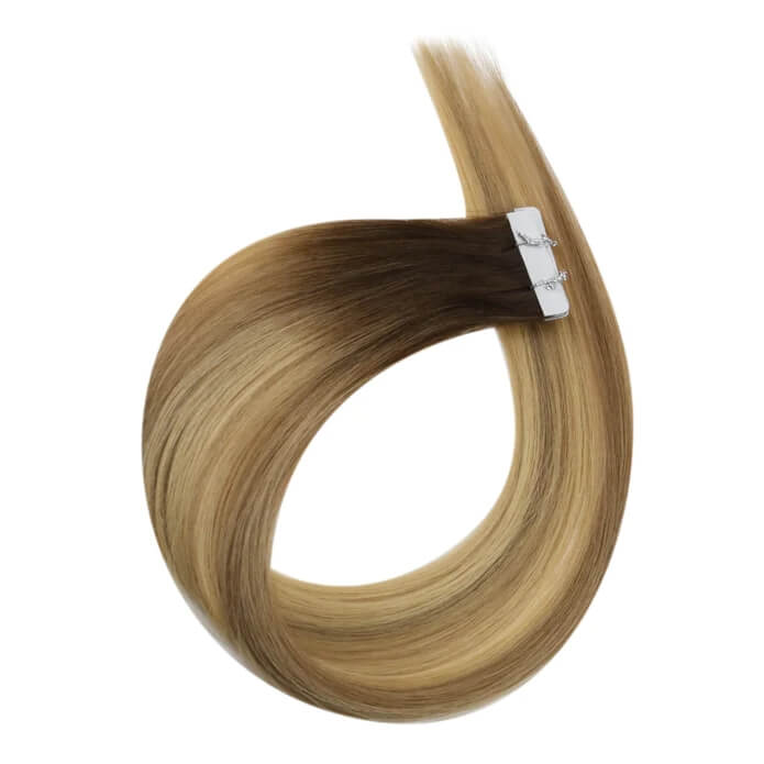 Load image into Gallery viewer, Moresoo deep brown blonde balayage highlights, 18-inch balayage tape ins, premium balayage extensions, luxurious brown blonde balayage hair, invisible balayage highlights, seamless balayage hair extensions, natural deep brown blonde balayage, smooth brown blonde balayage highlights, salon-quality balayage tape ins, high-quality balayage hair
