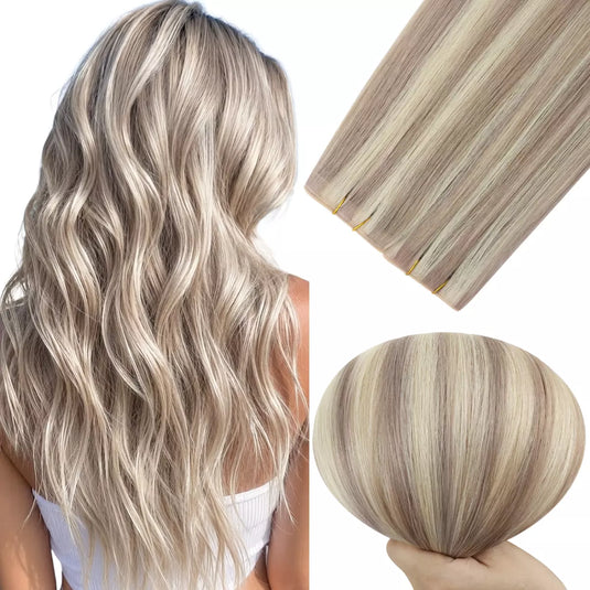 Long wavy blonde hair extension shown on a model from the back, alongside close-up views of the hair strands and a hand holding a small section of the extension.