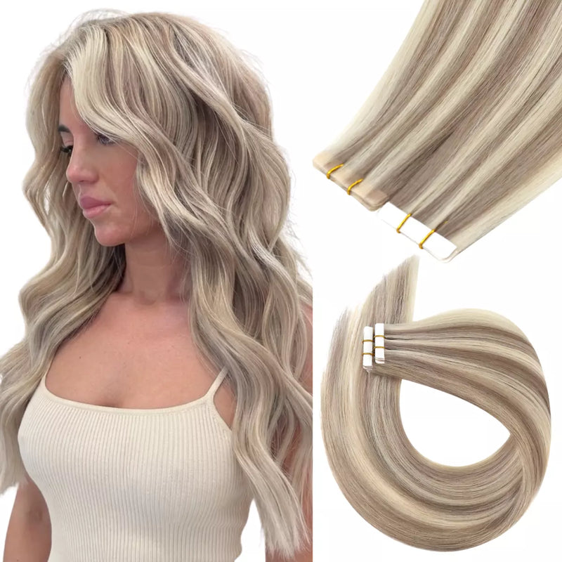 Load image into Gallery viewer, A woman wearing a long, wavy blonde tape in hair extension, shown alongside close-up views of the hair extension bundles on a white background. 

