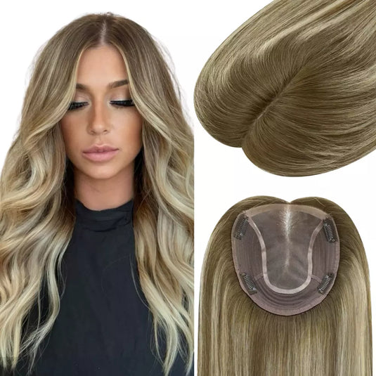 Woman with long blonde hair and close-up of hair toppers on a white background