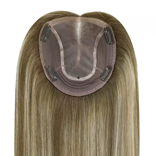 Light brown hair topper with a 6*7 inch base on a white background
