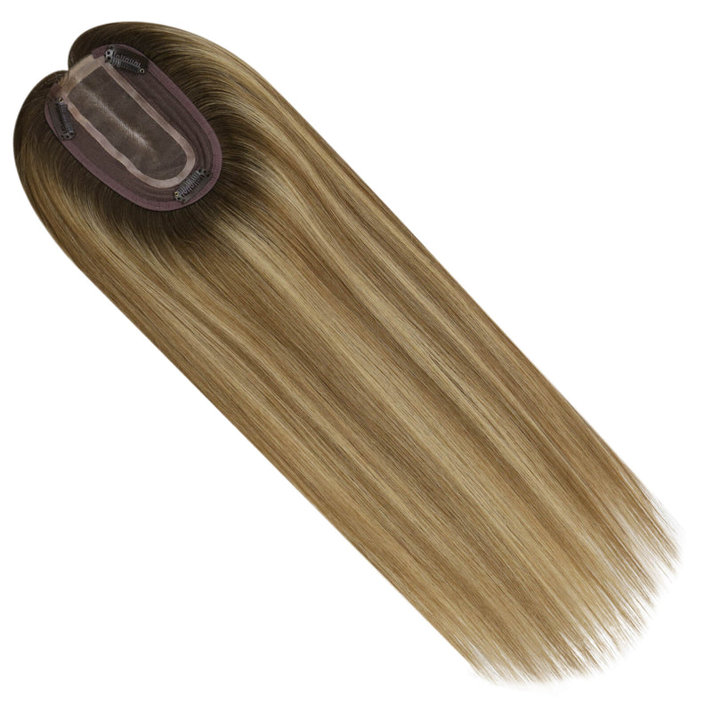Load image into Gallery viewer, Balayage brown with blonde human hair topper with clip on a white background
