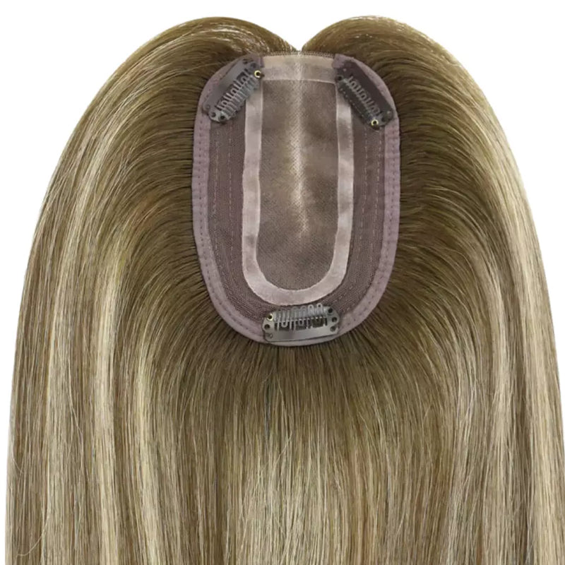 Load image into Gallery viewer, Light brown hair topper with a 3*5 inch base on a white background
