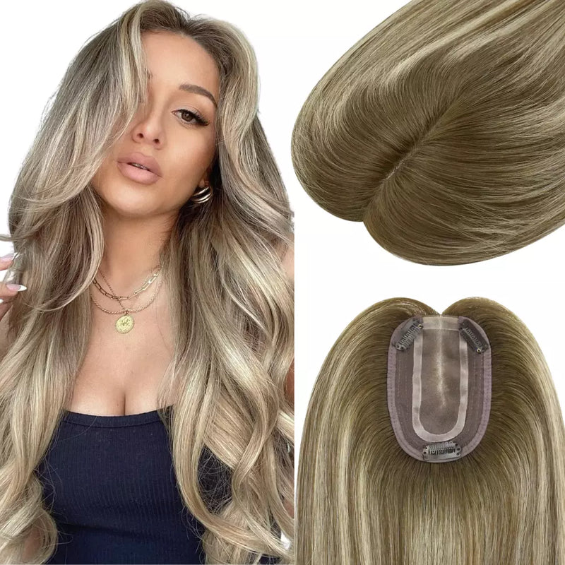 Load image into Gallery viewer, Woman with long blonde hair and close-up of hair toppers on a white background
