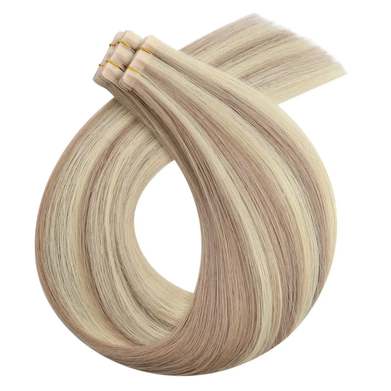 Load image into Gallery viewer, 14-inch blonde highlights hair extensions, seamless blonde highlights tape in extensions, high-quality tape in blonde highlights, invisible tape in blonde highlights hair, 22-inch blonde highlights extensions, blonde highlights tape in for all hair types, 16-inch blonde highlights tape in
