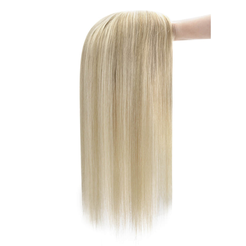 Load image into Gallery viewer, A straight, shoulder-length topper with a light ash blonde color, displayed on a white mannequin head against a plain white background.
