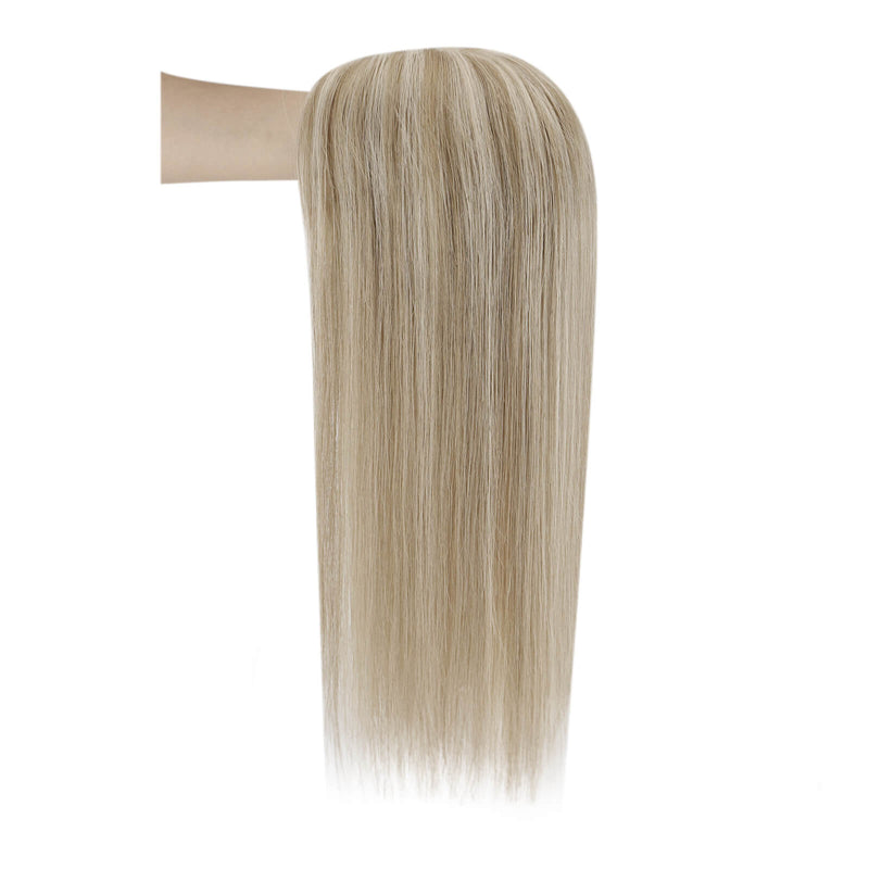 Load image into Gallery viewer, A straight, shoulder-length topper with a light ash blonde color, displayed on a white mannequin head against a plain white background.

