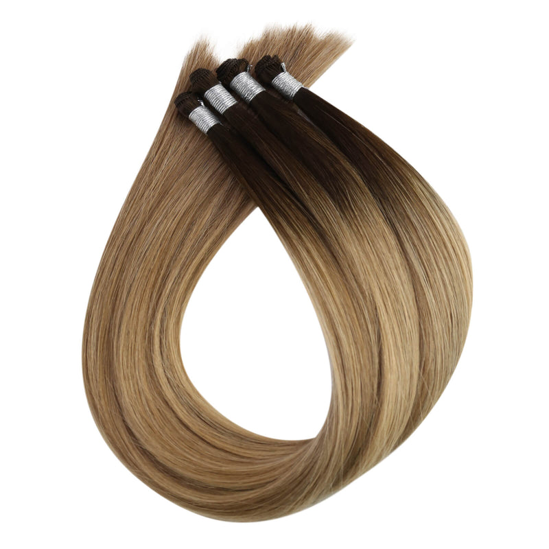 Load image into Gallery viewer, hair extensions,hand tied hair extensions,balayage brown with blonde hair extensions,weft hair extensions
