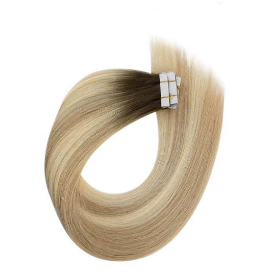 Moresoo deep brown blonde ombre tape ins, 18-inch brown blonde ombre hair extensions, high-quality ombre extensions, seamless brown to blonde ombre, luxurious deep brown blonde ombre hair, natural ombre tape ins, salon-quality ombre hair extensions, invisible ombre balayage hair, smooth brown blonde ombre extensions, premium ombre extensions