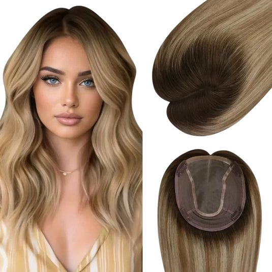Woman with styled hair and close-up of hair topper on a white background