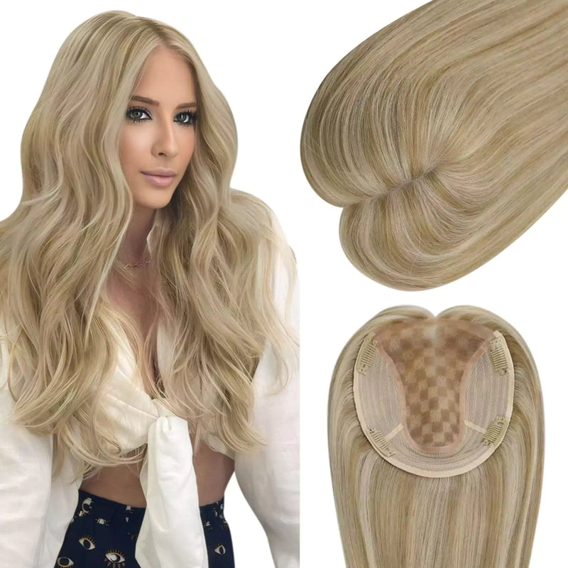 Load image into Gallery viewer, Woman with long hair and a close-up of a hair topper on a white background

