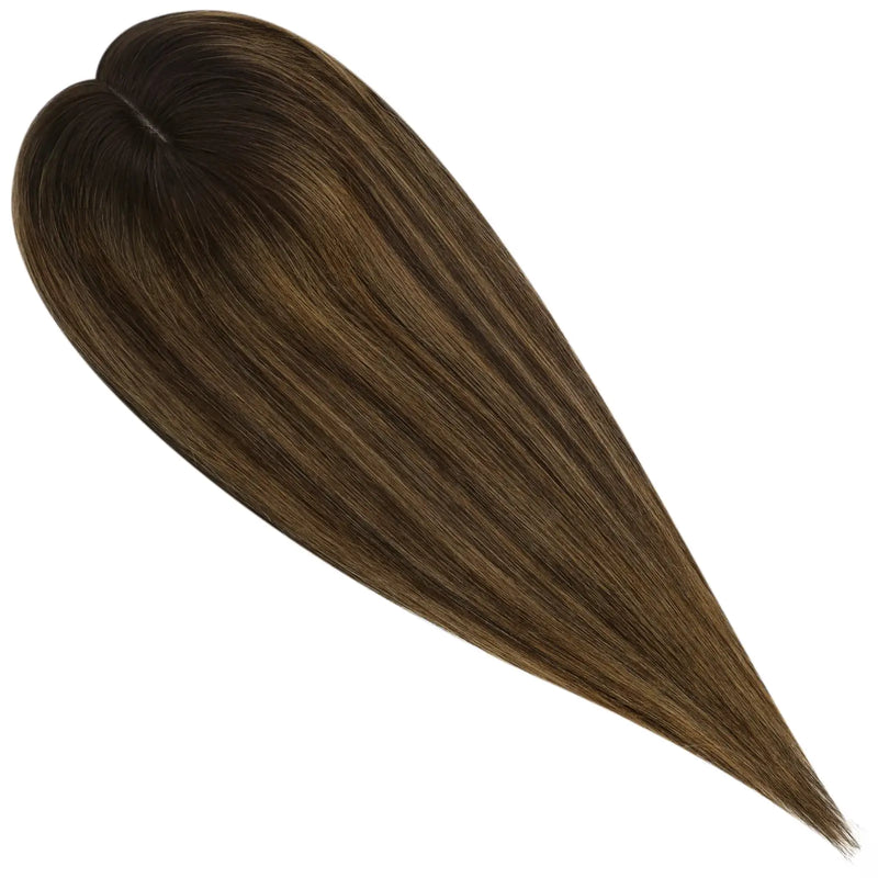 Load image into Gallery viewer, balayage brown with blonde highlights virgin human hair topper hair piece on a white background
