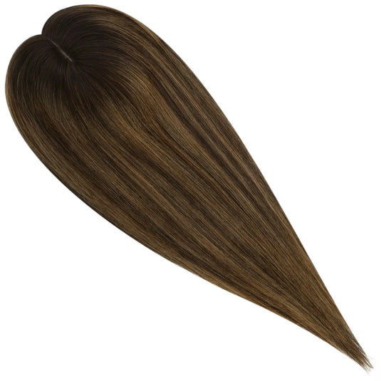 balayage brown with blonde highlights virgin human hair topper hair piece on a white background
