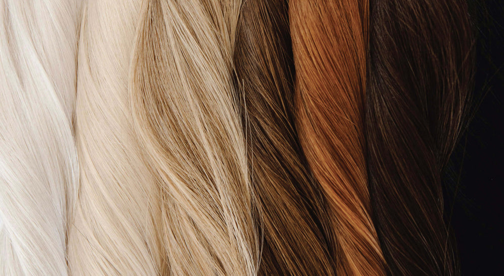 Close-up of hair color swatches ranging from light beige to dark brown.