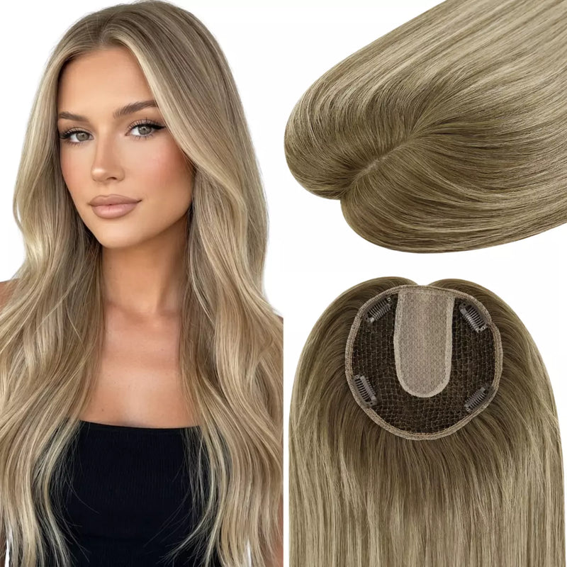Load image into Gallery viewer, Woman with long, balayage brown hair topper on a white background
