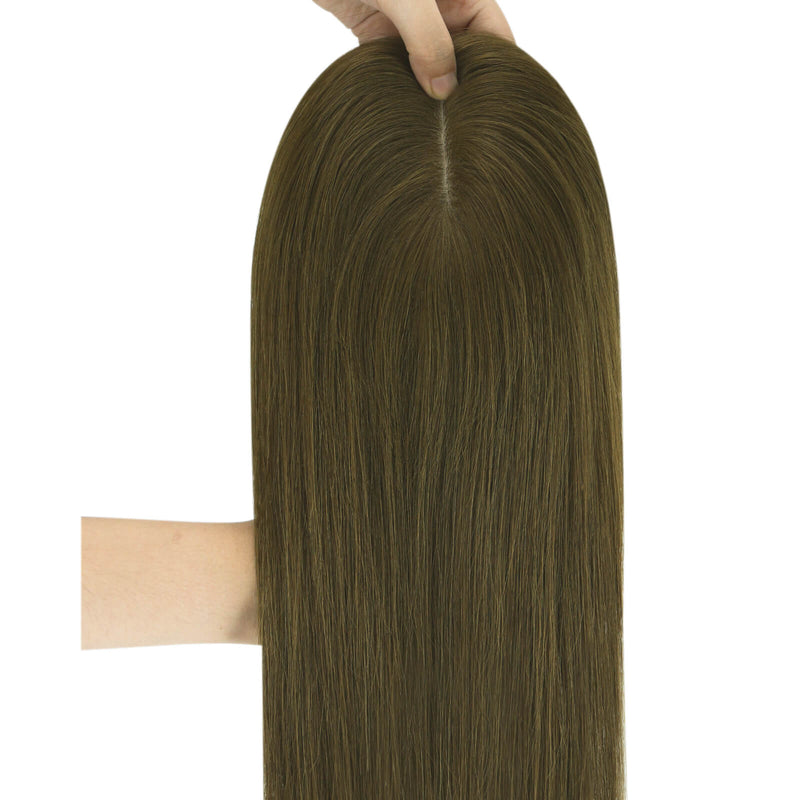 Load image into Gallery viewer, A long, straight hair topper with a center part, held up by a hand against a plain white background.

