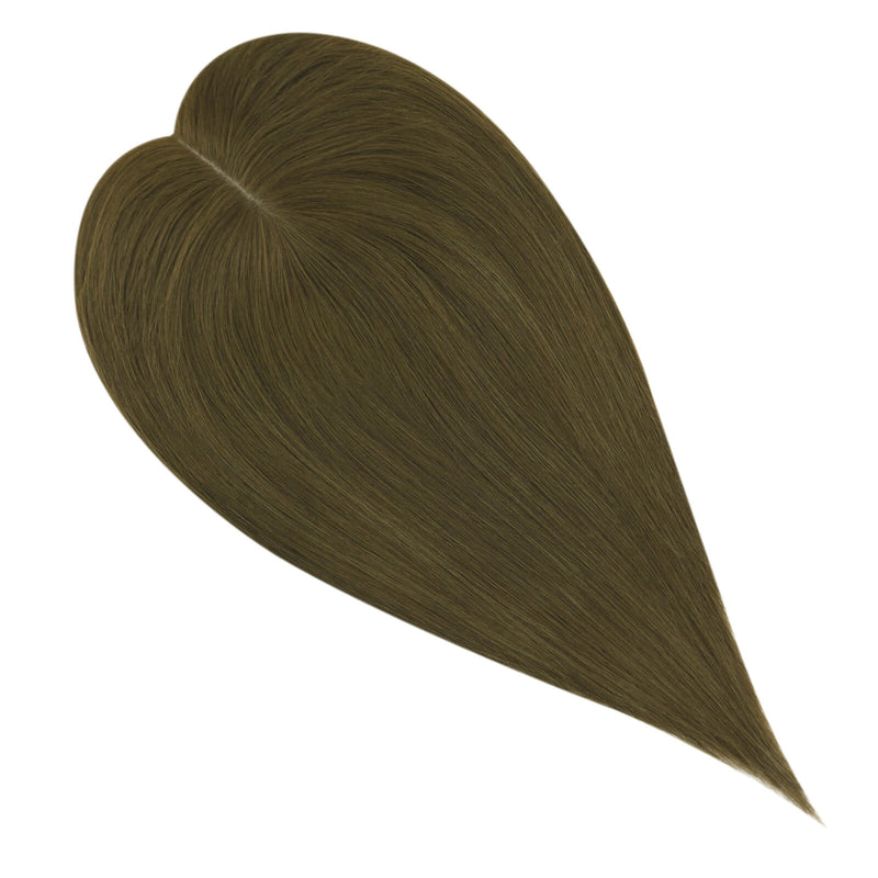 Load image into Gallery viewer, A heart-shaped hair toppers showing a dark olive brown color with fine hair strands, isolated on a white background.
