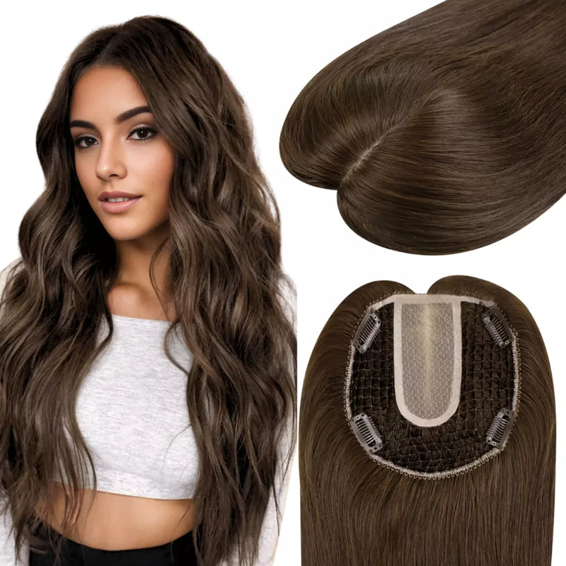 Load image into Gallery viewer, Woman with long wavy hair and close-up of brown hair toppers on a white background
