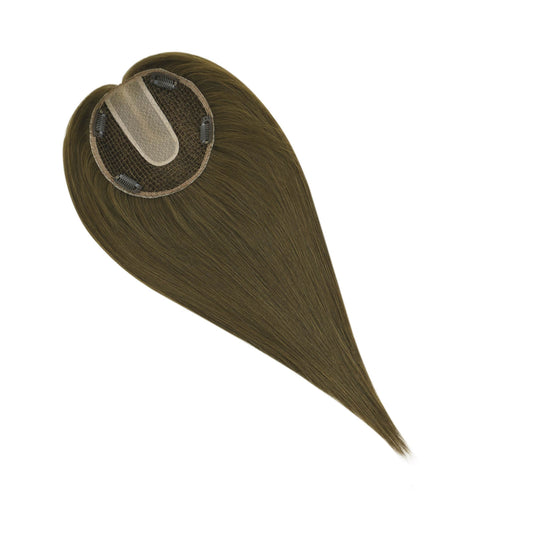 A single straight hair extension piece with a heart-shaped base and a tapered tail, shown on a plain white background. The hair is a medium warm brown, and the underside shows a beige mesh attachment area with small dark clips.