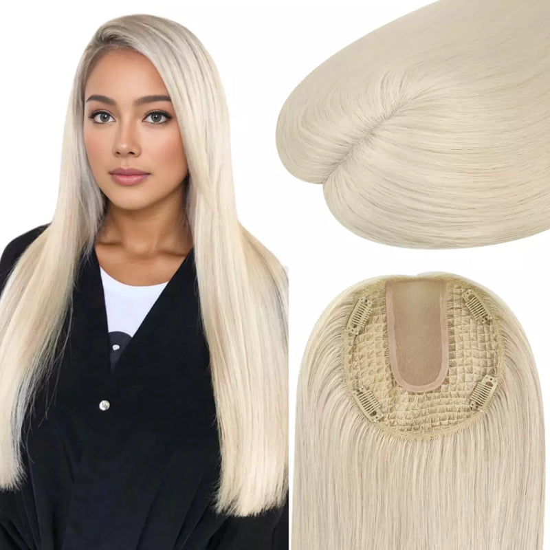 Load image into Gallery viewer, Woman with long blonde hair and close-up of blonde hair topper on a white background
