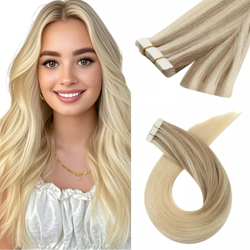 Load image into Gallery viewer, ombre blonde virgin hair tape in extensions, 14-inch ombre blonde tape in extensions, invisible ombre blonde tape in hair, high-quality ombre blonde extensions, light pink ombre blonde tape in, 16-inch ombre blonde tape in extensions, smooth ombre blonde hair, tape in extensions with ombre blonde color
