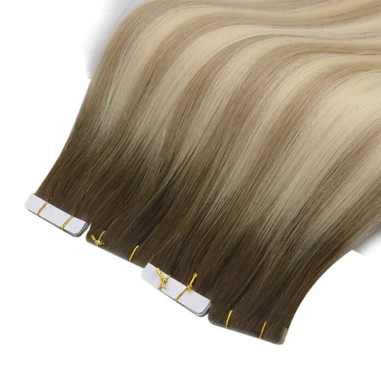 Moresoo brown to golden blonde ombre extensions, high-quality ombre tape ins, 16-inch deep brown blonde ombre hair, natural brown blonde ombre hair, seamless ombre balayage extensions, luxurious deep brown to blonde ombre, premium ombre hair extensions, invisible ombre tape ins, salon-quality ombre extensions, smooth brown blonde ombre extensions