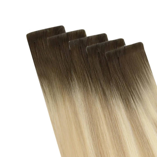 Moresoo deep brown to blonde ombre tape ins, 14-inch brown blonde ombre hair extensions, seamless ombre hair extensions, luxurious ombre balayage, high-quality deep brown blonde ombre, invisible brown to blonde ombre extensions, salon-quality ombre tape ins, premium ombre hair, smooth deep brown blonde ombre extensions, natural ombre balayage hair