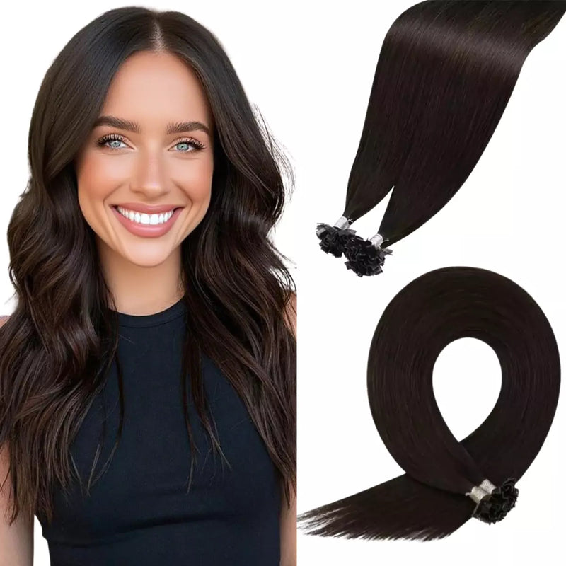 Load image into Gallery viewer, Virgin Ktip Keratin Hair Extensions Darkest Brown K Tip Hair Extensions - Dark Brown, 24Inch Real Human Hair, Long Straight Style, Keratin Tips, Add Length 
