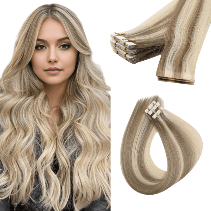 Load image into Gallery viewer, Moresoo light brown with golden highlights extensions, premium blonde balayage, seamless tape-in hair extensions, natural golden brown mix, high-quality brown blonde highlights, luxurious light brown blonde, smooth balayage tape ins, salon-quality light brown blonde hair, invisible tape-in extensions, natural golden brown ombre
