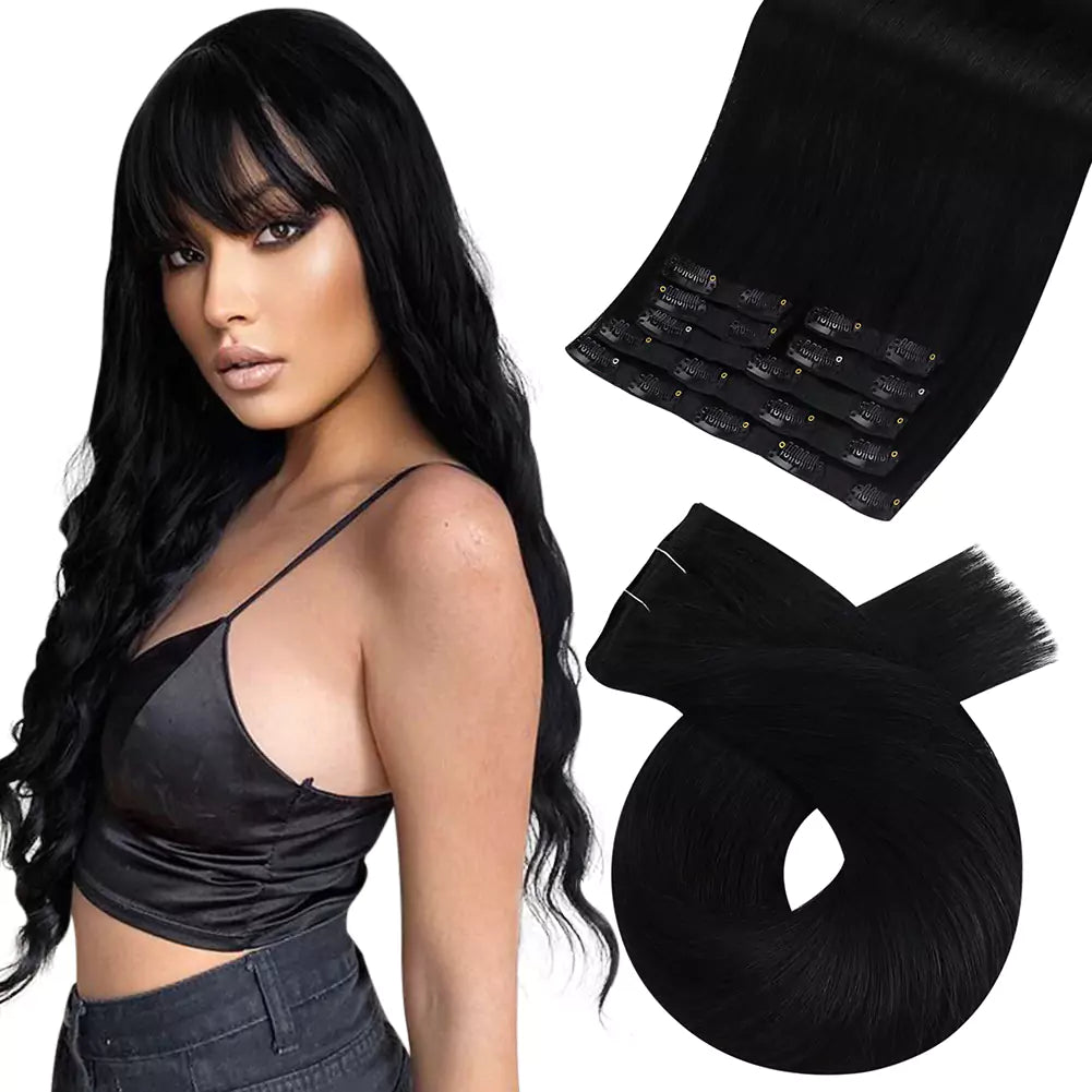 YILITE Jet Black Clip In Hair Extensions Real Human Hair #1 120 Gram 8Pcs 16inch Hair Extensions Clip Ins Natural Silky Straight Human Hair Clip In Extensions (16inches #1 Jet - View #6