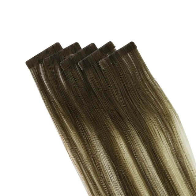 Load image into Gallery viewer, Moresoo ash brown to blonde balayage, 16-inch ash brown balayage extensions, high-quality ash brown balayage highlights, seamless balayage hair extensions, invisible ash brown highlights, premium balayage tape ins, luxurious ash brown balayage, natural balayage hair, smooth brown to blonde balayage, salon-quality ash brown extensions
