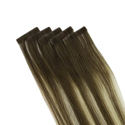Moresoo ash brown to blonde balayage, 16-inch ash brown balayage extensions, high-quality ash brown balayage highlights, seamless balayage hair extensions, invisible ash brown highlights, premium balayage tape ins, luxurious ash brown balayage, natural balayage hair, smooth brown to blonde balayage, salon-quality ash brown extensions