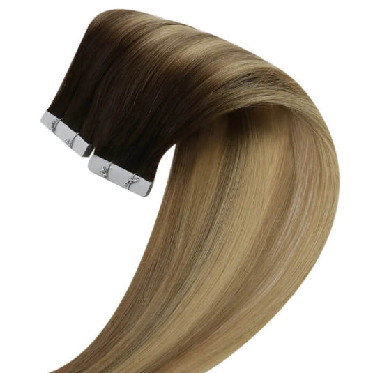 Moresoo deep brown to blonde balayage extensions, seamless balayage tape ins, 14-inch brown blonde balayage highlights, high-quality balayage extensions, luxurious brown blonde balayage, invisible balayage highlights, smooth deep brown blonde balayage hair, salon-quality balayage highlights, premium balayage extensions, natural brown blonde balayage