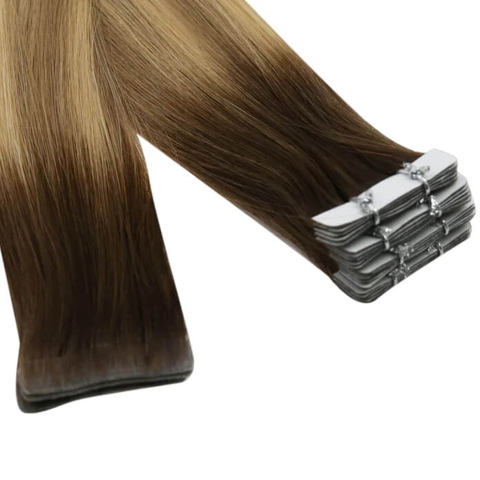 Load image into Gallery viewer, Moresoo brown to blonde balayage tape ins, 14-inch balayage extensions, seamless deep brown blonde balayage highlights, high-quality balayage highlights, luxurious brown blonde balayage, natural balayage highlights, invisible balayage extensions, salon-quality balayage hair, smooth brown blonde balayage, premium balayage hair extensions
